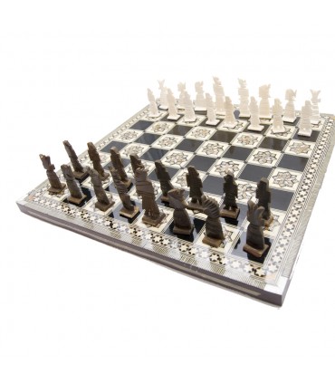 Échecs style arabe - Taracea et os sculpté 40x40cm