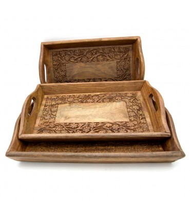 Set 3 plateaux en bois sculpté à motif floral - modèle Alsawani